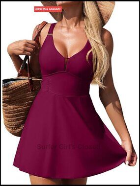 One Piece Swimsuits Tummy Control Swim Dress V Neck Keyhole Skirted